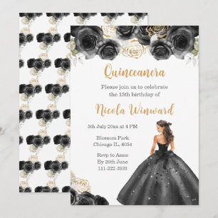 BlumenPrinzessin in Schwarz-Kleid Quinceanera Einladung