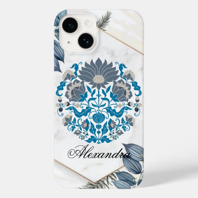 Blumenrahmen, Aquamarine Grafik, Mandala Case-Mate iPhone 14 Hülle (Rückseite)