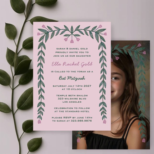 Blumenrahmen Custom Foto Bat Mitzvah Girl Einladung (Floral Frame Custom Photo Bat Mitzvah Girl Invitation
)