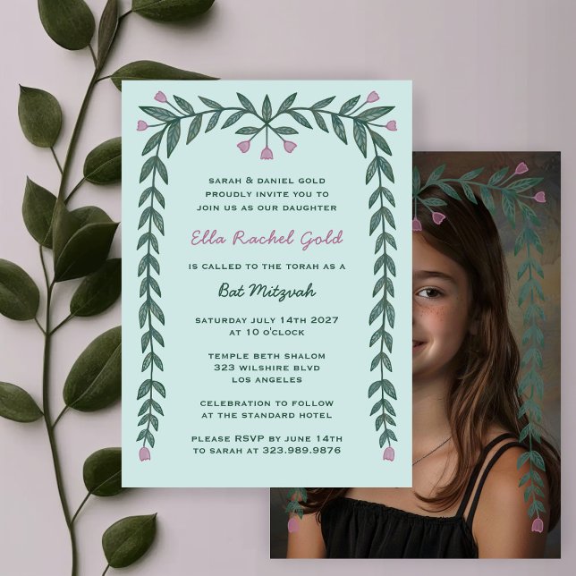 Blumenrahmen Custom Foto Bat Mitzvah Girl Einladung (Floral Frame Custom Photo Bat Mitzvah Girl Invitation
)