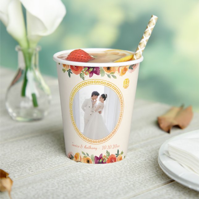 Blumenrahmen Foto beige Chinesische Hochzeit Pappbecher (In Situ)