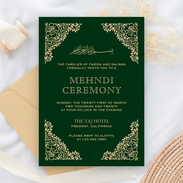 Blumenrahmen Grün und Gold islamischen Mehndi Begleitkarte (Von Creator hochgeladen)