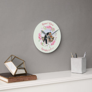 Blumenrahmen kombiniert Foto mit Personalisiertem Runde Wanduhr