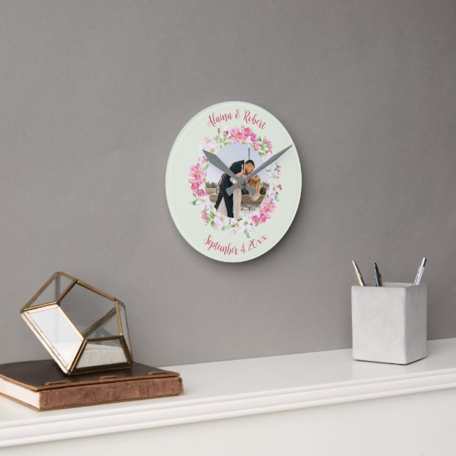 Blumenrahmen kombiniert Foto mit Personalisiertem  Runde Wanduhr (Büro)