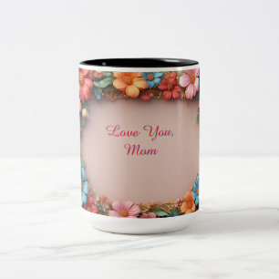 Blumenrahmen mit farbenfrohen Blumen Zweifarbige Tasse