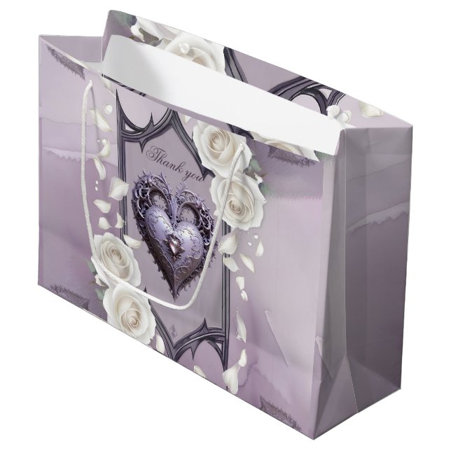 Blumenrahmen mit Herz und weißen Rosen Große Geschenktüte (Vorderseite Schrägansicht)