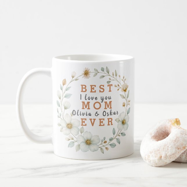 Blumenrahmen mit I Liebe You & Children's Names - Kaffeetasse (Mit Donut)