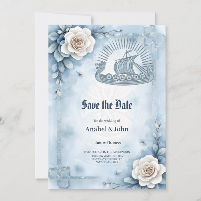 Blumenrahmen mit Rose und keltisches Design. Save The Date (Vorderseite)