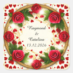 Blumenrahmen mit Rote Rosen Quadratischer Aufkleber