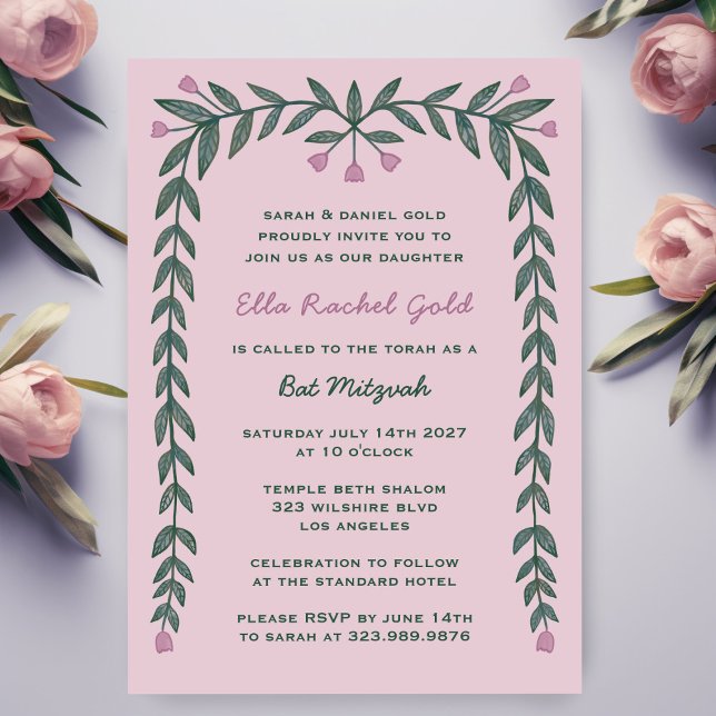 Blumenrahmen Modernes Bar Bat Mitzvah Girl Einladung (Floral Frame Modern Custom Bar Bat Mitzvah Girl Invitation
)