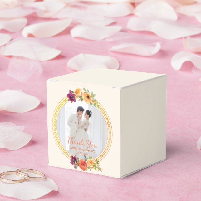 Blumenrahmen Pärchen beige Hochzeit Foto danke Geschenkschachtel (Hochzeit)