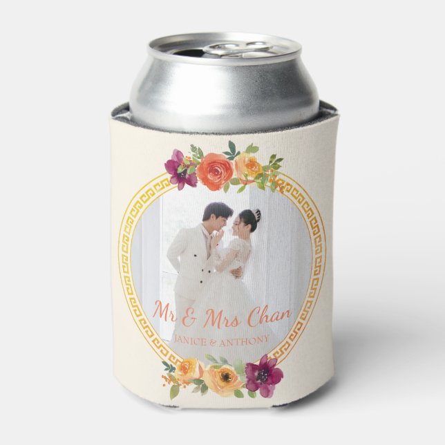 Blumenrahmen Pärchen Foto beige Hochzeit mr & mrs Dosenkühler (Kanne Vorderseite)