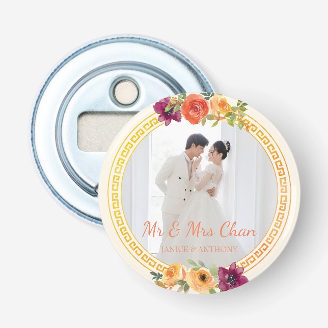 Blumenrahmen Pärchen Foto beige Hochzeit mr & mrs Flaschenöffner (Vorderseite)