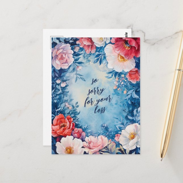 Blumenrahmen SORRY FÜR VERLUSTE CUSTOM Condolences Postkarte (Vorderseite/Rückseite Beispiel)