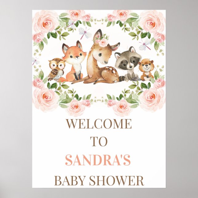 Blumenrahmen Woodland Babydusche Begrüßungszeichen Poster (Vorne)