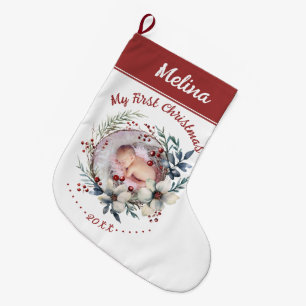 Blumenreath Baby's First Christmas Foto Großer Weihnachtsstrumpf