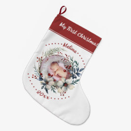 Blumenreath Baby's First Christmas Foto Großer Weihnachtsstrumpf