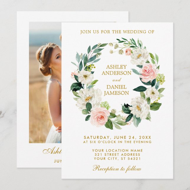 Blumenreath Rosa Foto Hochzeit Einladung (Vorne/Hinten)