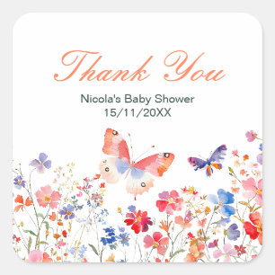 Blumenreicher Sommer Schmetterling Baby Shower Quadratischer Aufkleber