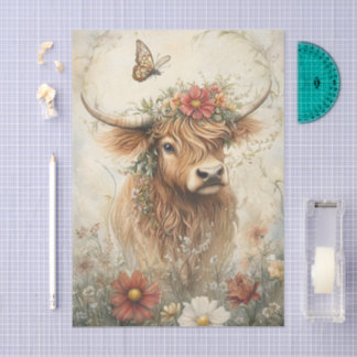 Blumenreiches Highland-Rind mit Blumen-Decoupage Seidenpapier