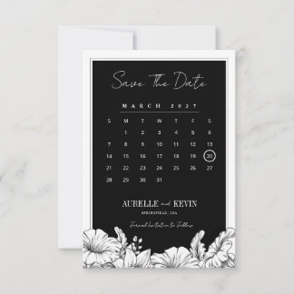 Blumenreiches Schwarz-Weiß-Foto-Monogramm-Hochzeit Save The Date