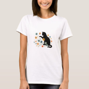 Blumenreiches schwarzes Katzen-Wasserfarben-T-Shir T-Shirt