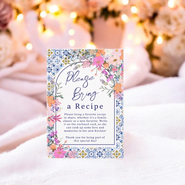 Blumenrezeptur für Mittelmeer Begleitkarte (Mediterranean Floral Tile Bridal Recipe Request Enclosure Card)