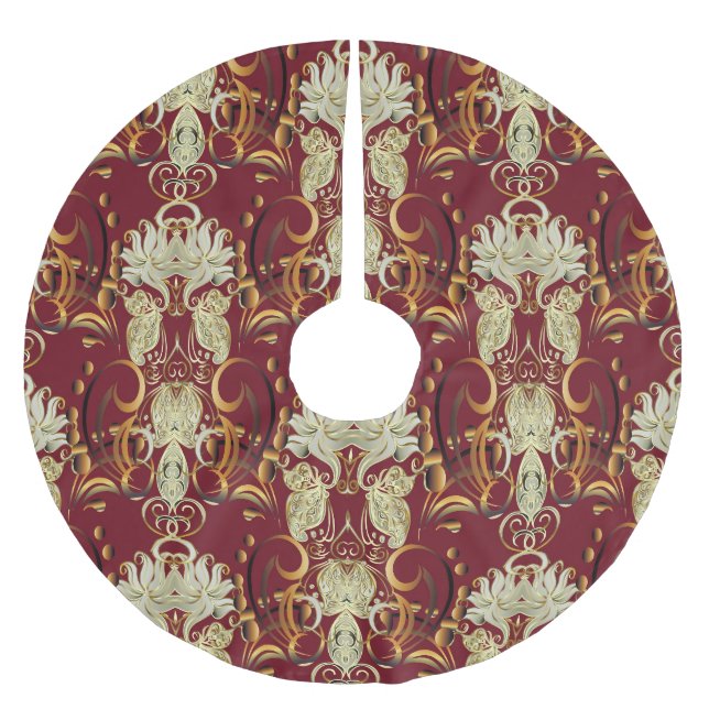 Blumenrogold, luxuriöses Vintages Muster. Polyester Weihnachtsbaumdecke (Vorderseite)