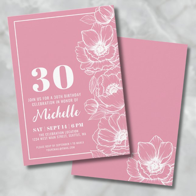 Blumenrosa 30. Geburtstag Einladung (Floral Pink 30th Birthday Invitation)