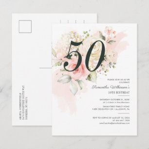 Blumenrosa 50. Geburtstag Botanisches Party Einladungspostkarte