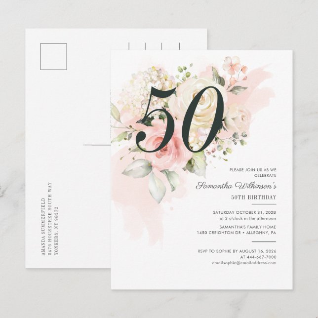 Blumenrosa 50. Geburtstag Botanisches Party Einladungspostkarte (Vorne/Hinten)