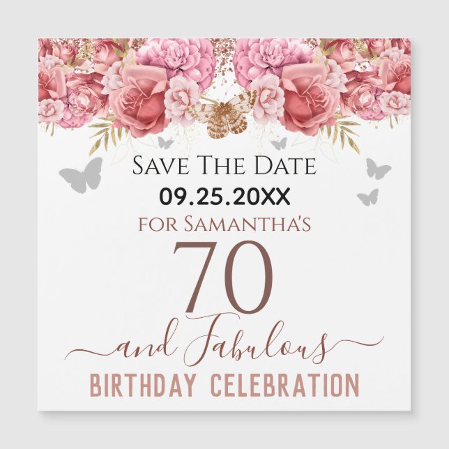 Blumenrosa 70. Geburtstag Speichern Sie das Datum  Magnetkarte (Vorderseite)