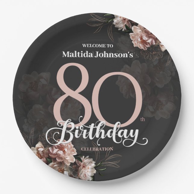 Blumenrosa 80. Geburtstag Pappteller (Vorderseite)