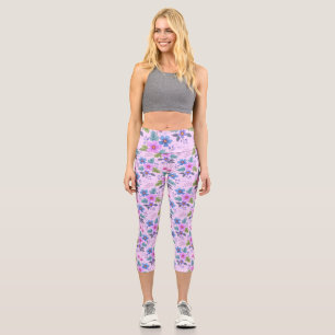 Blumenrosa Blaue violette Blume Muster-36841 Capri Leggings