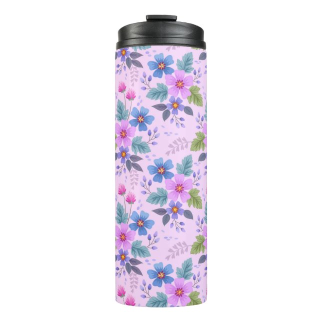 Blumenrosa Blaue violette Blume Muster-36841 Thermosbecher (Vorderseite)