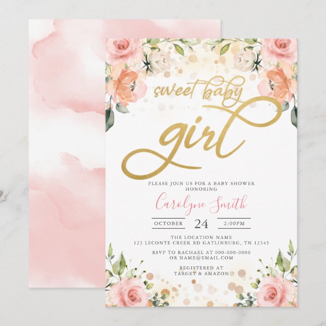 Blumenrosa Blush Baby Dusche Einladung Girl (Vorne/Hinten)