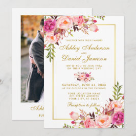 Blumenrosa Blush Gold Foto Hochzeit Einladung