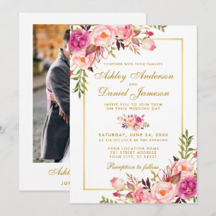 Blumenrosa Blush Gold Foto Hochzeit Einladung