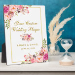 Blumenrosa Blush Gold Hochzeitstisch Fotoplatte<br><div class="desc">Aquarellfarben Blütenrosa Blush Gold Hochzeit Custom Table Plaque</div>