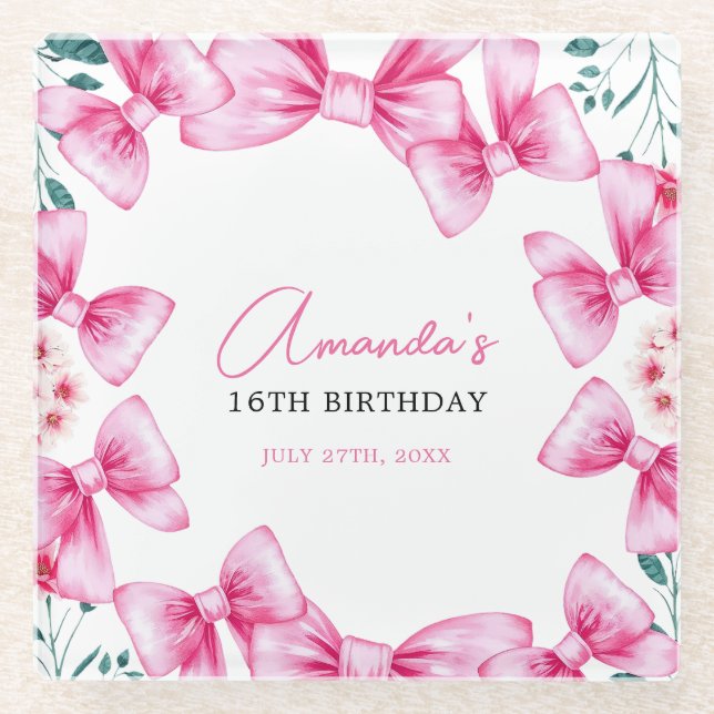 Blumenrosa Bow Coquette Sweet 16 Birthday Glasuntersetzer (Vorderseite)