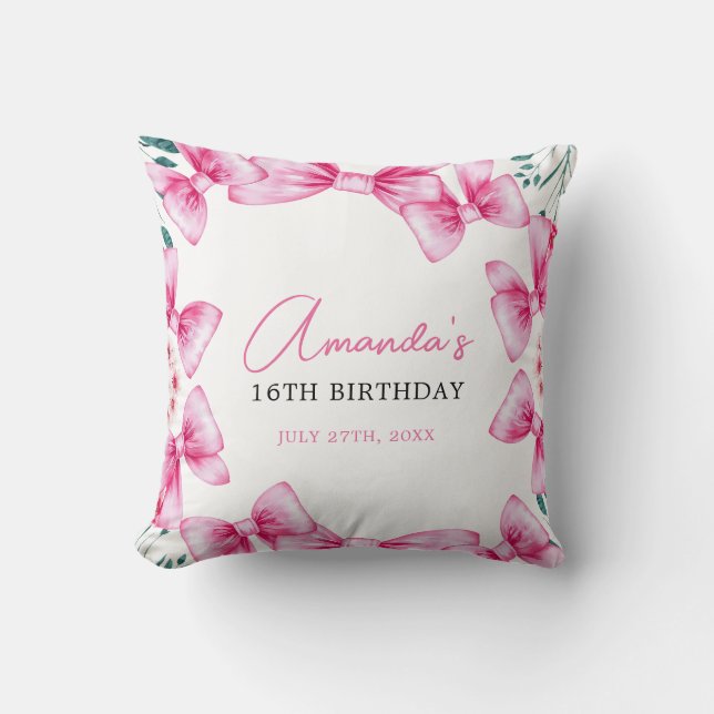 Blumenrosa Bow Coquette Sweet 16 Birthday Kissen (Vorderseite)