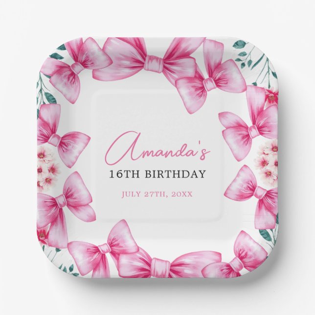 Blumenrosa Bow Coquette Sweet 16 Birthday Pappteller (Vorderseite)
