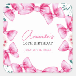 Blumenrosa Bow Coquette Sweet 16 Birthday Quadratischer Aufkleber
