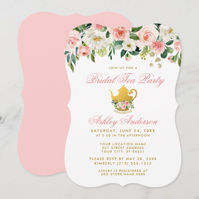 Blumenrosa Brautparty Tee Party Einladung Gold (Vorne/Hinten)