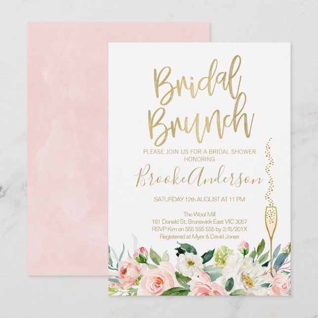 Blumenrosa Bridal Brunch Bridal Dusche Einladung (Vorne/Hinten)