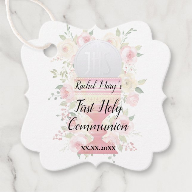 Blumenrosa Dekoration First Communion Girl Geschenkanhänger (Vorderseite)