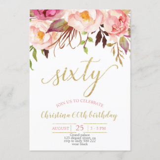 Blumenrosa Elegant 60. Geburtstagsfrauen Einladung