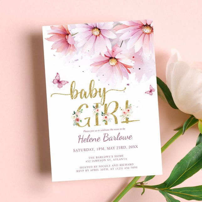 Blumenrosa Gold Botanische Girl-Babydusche Einladung (Floral Pink Gold Botanical Girl Baby Shower Invitation)
