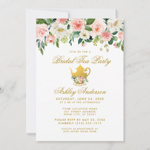 Blumenrosa Gold Brautparty Tee Party Einladung