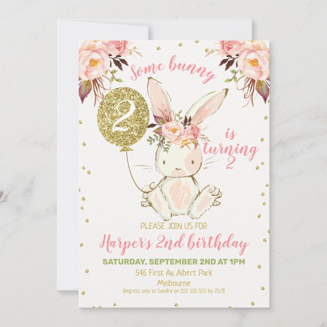 Blumenrosa Gold Bunny Birthday Einladung (Vorderseite)